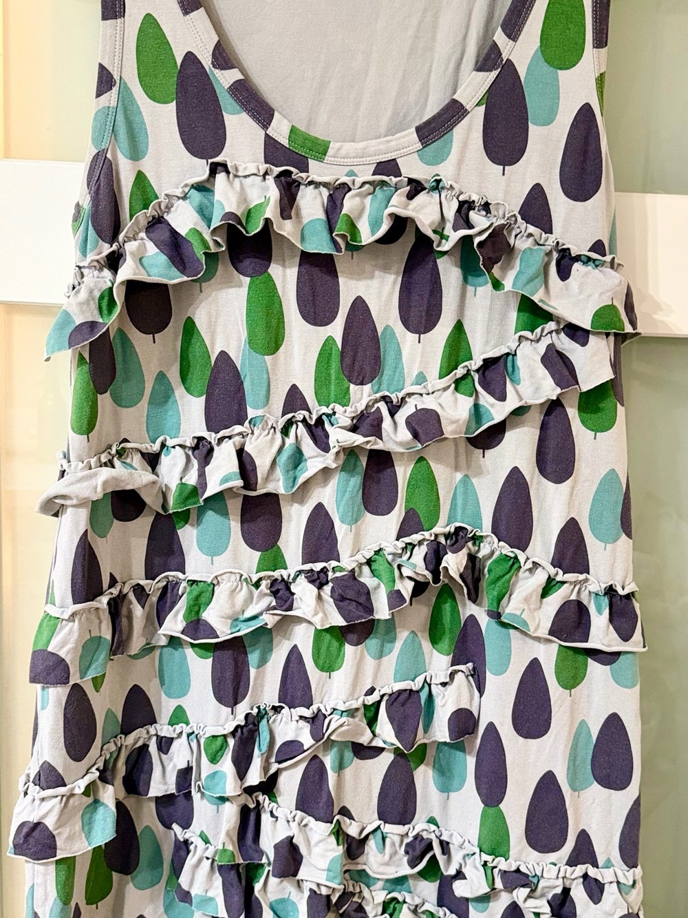 Juicy Couture Cream A-Line Ruffle Skirt with Green, Teal & Navy Teardrop Print